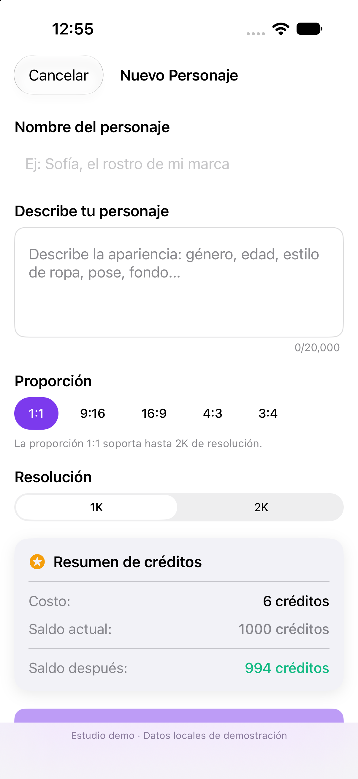 Formulario para crear un nuevo personaje