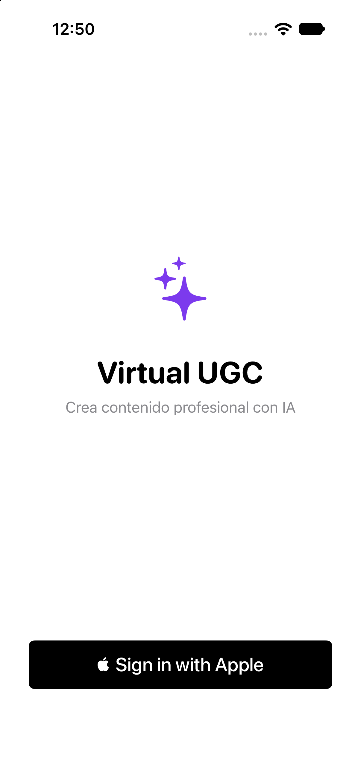 Pantalla real de acceso de Virtual UGC con el botón de inicio de sesión con Apple
